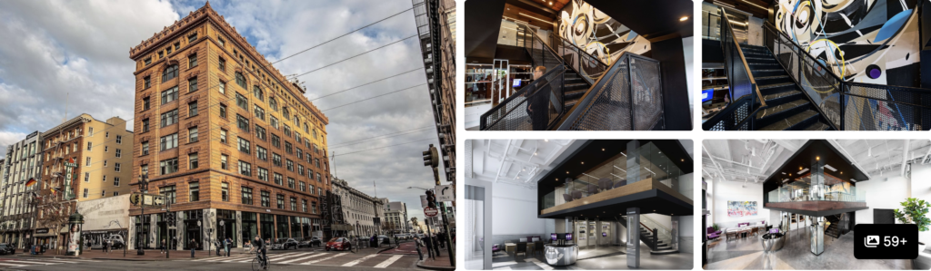 Photos of citizenM San Francisco Union Square: brick corner facade on a city street, lobby bar and lounge interiors