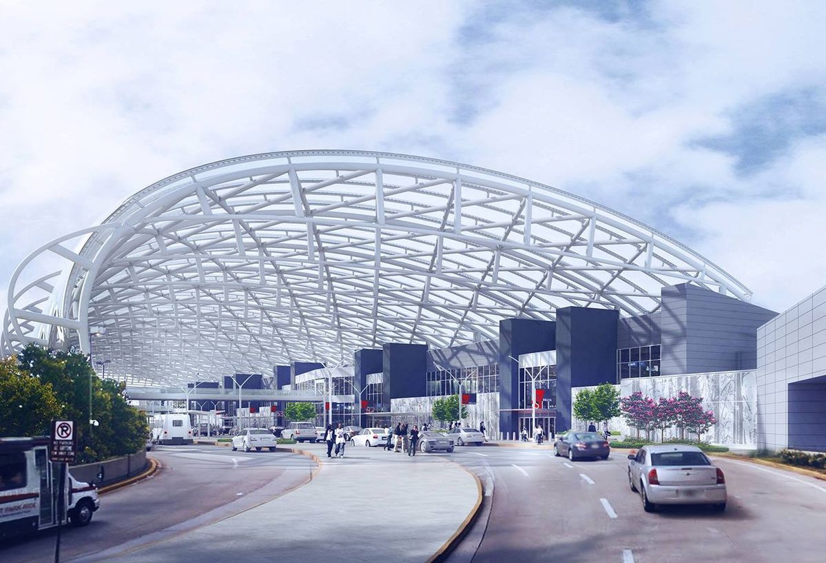 Rendering of the domed canopy entrance at Atlanta ATL Airport with cars and pedestrians on the roadway