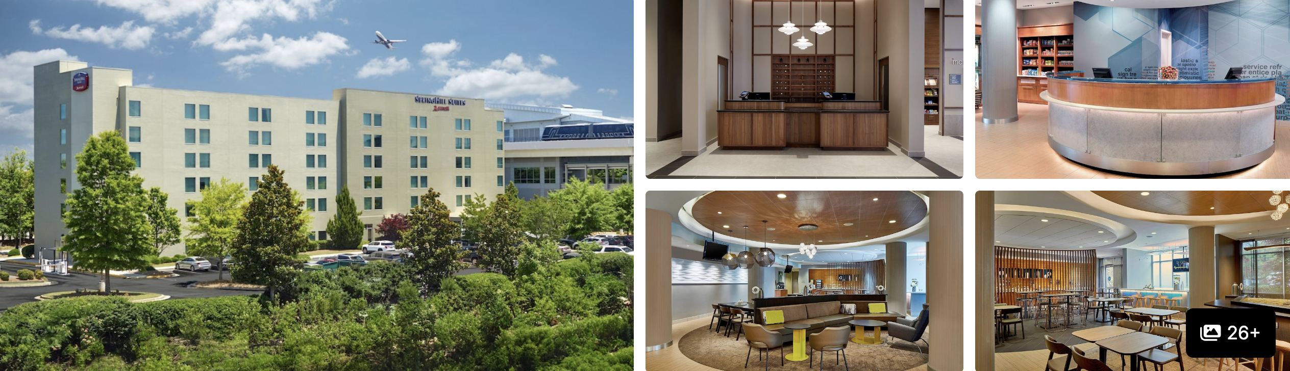 Photos of an extended-stay suite hotel near ATL with a plane overhead: exterior, lobby, library and dining area