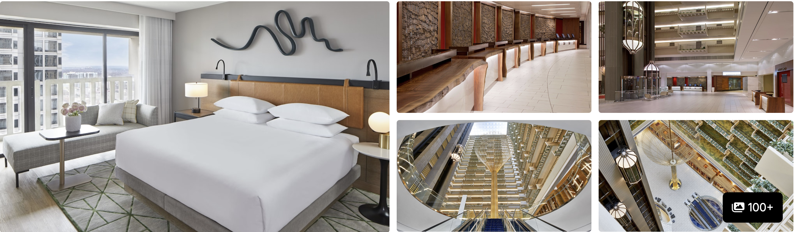 Photos of the Hilton Atlanta Airport: city-view guest room, long reception desk and soaring glass atrium