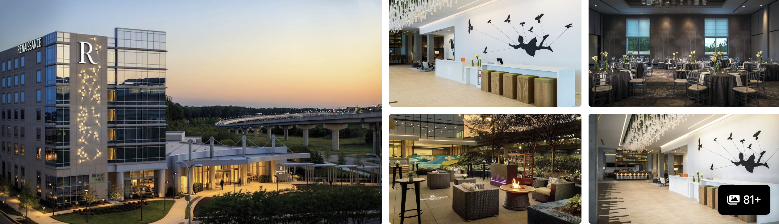 Photos of the Renaissance Atlanta Airport: lit exterior at sunset, lobby with bird art, bar lounge and reception