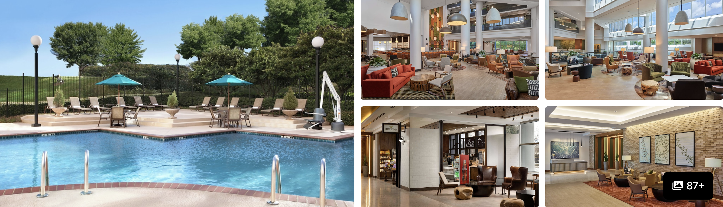 Photos of the Atlanta Airport Marriott: outdoor pool with loungers, multi-story lobby and seating areas