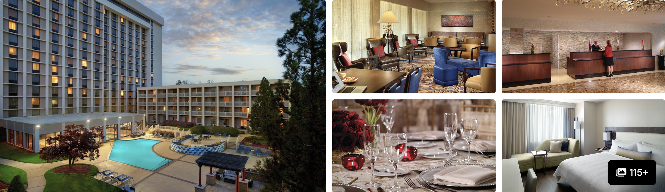 Photos of a full-service Atlanta Airport hotel: lit exterior with pool, lobby lounge, front desk, dining and guest room
