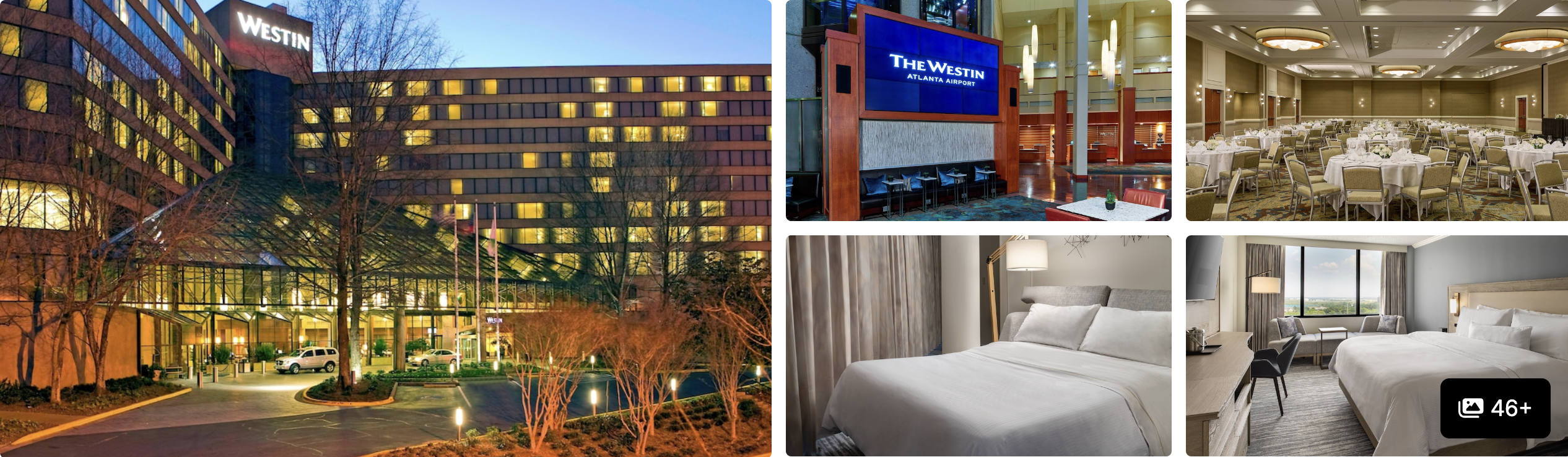 Photos of the Westin Atlanta Airport: lit exterior at dusk, lobby sign, banquet hall and guest rooms