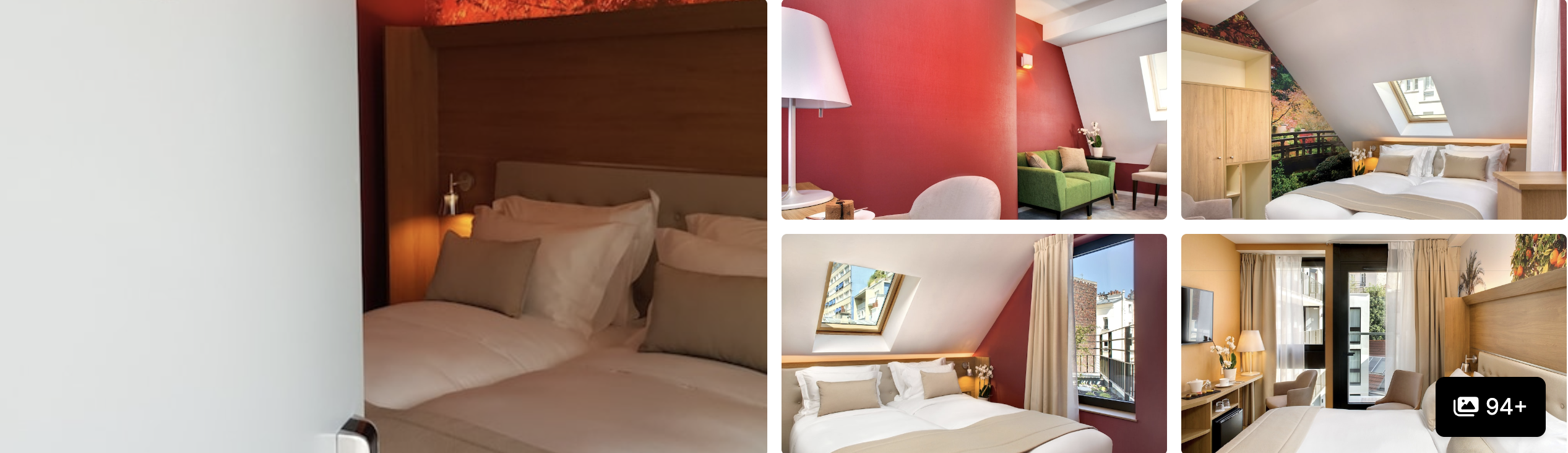 Photos of Hotel Eiffel Blomet, Paris: guest beds with pillows, red-walled sitting area and attic rooms with skylights