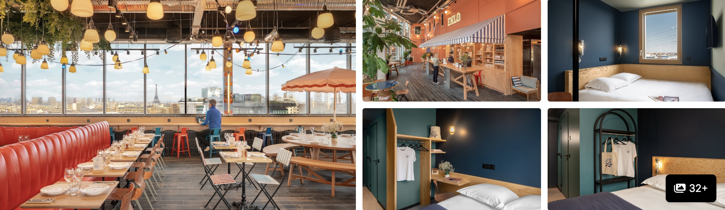 Photos of eco-certified hotels near Paris Expo Porte de Versailles: a moody cocktail bar with curved blue sofa and lounge seating