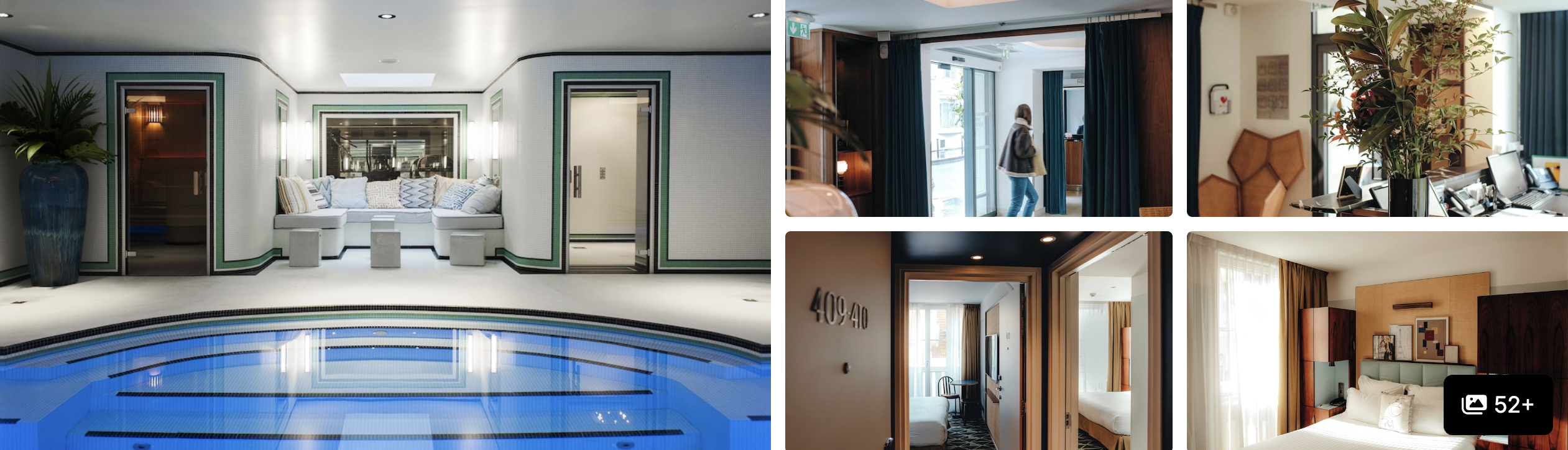 Photos of a leisure hotel near Paris Expo: indoor pool, hallways and elegant guest room interiors