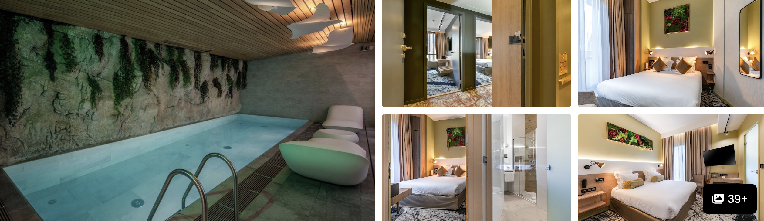 Photos of luxury executive hotels near Paris Expo: rooftop restaurant with Eiffel Tower view, shop, and blue-toned guest rooms