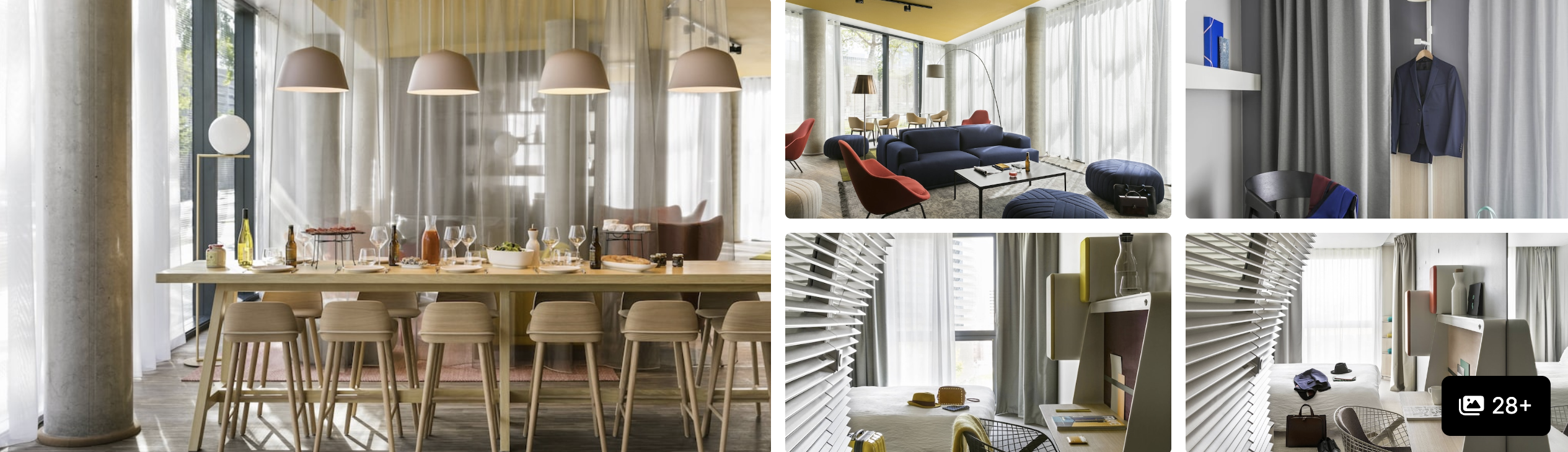 Photos of a hotel near Paris Expo Porte de Versailles: communal dining table with pendant lights, lounge area and guest rooms