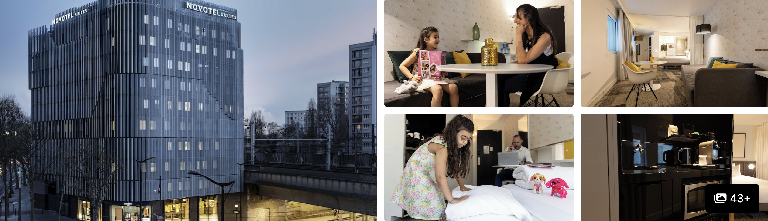 Photos of a sustainable hotel near Paris Expo Porte de Versailles: lit exterior tower at dusk, guest suites and kitchenette