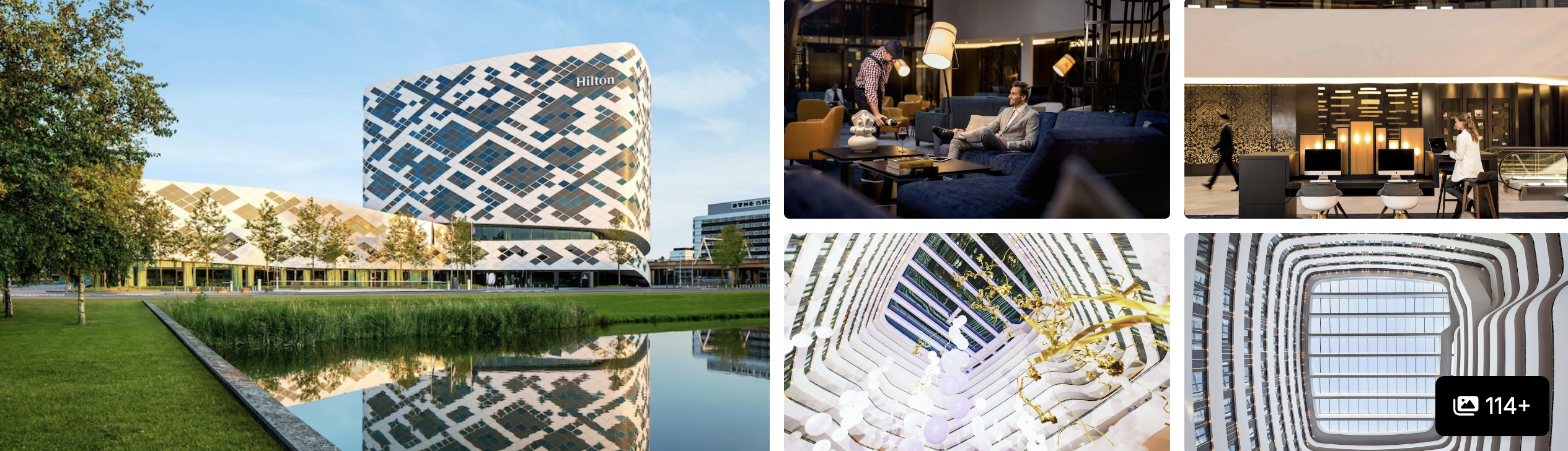 Photos of Sheraton Amsterdam Airport Hotel: patterned exterior over a reflecting pool, lounge and sculptural atrium