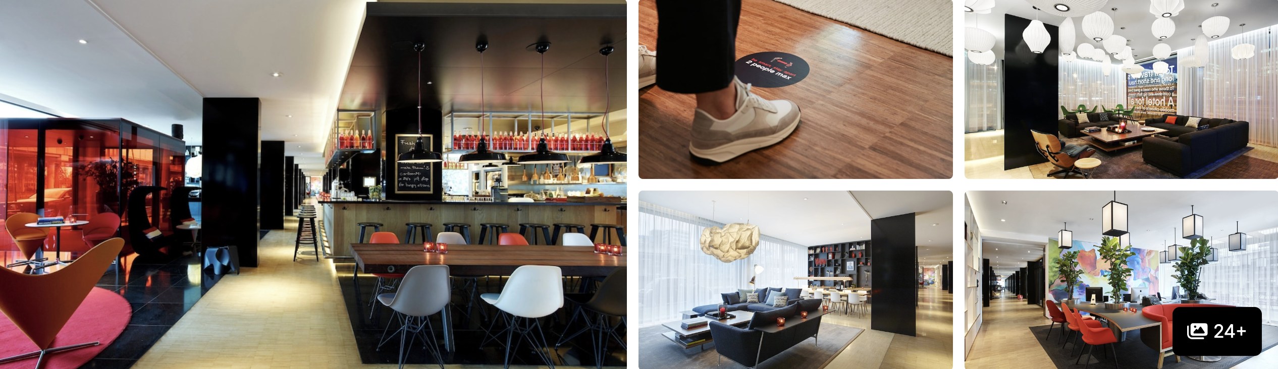 Photos of a budget hotel near Schiphol Airport: red-walled bar lounge, modern seating areas and reception