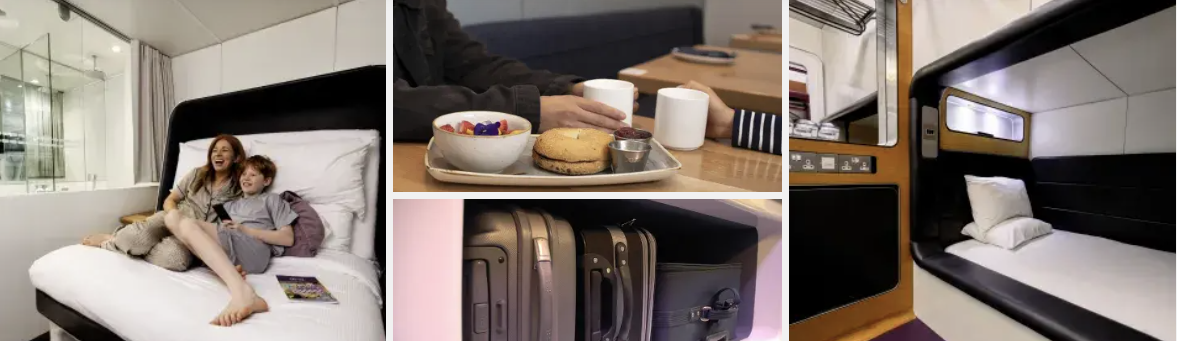 Photos near Hilton Amsterdam Airport Schiphol: sleeping pods, guest bed, breakfast tray and luggage