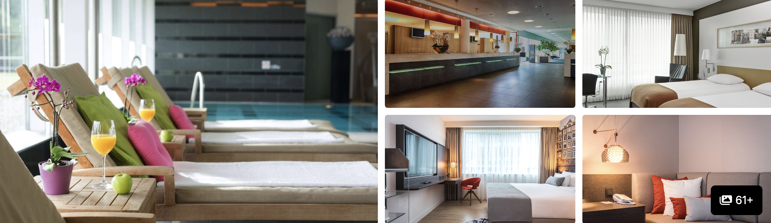 Photos of a spa hotel near Schiphol Airport: poolside loungers with drinks, lobby, and guest rooms