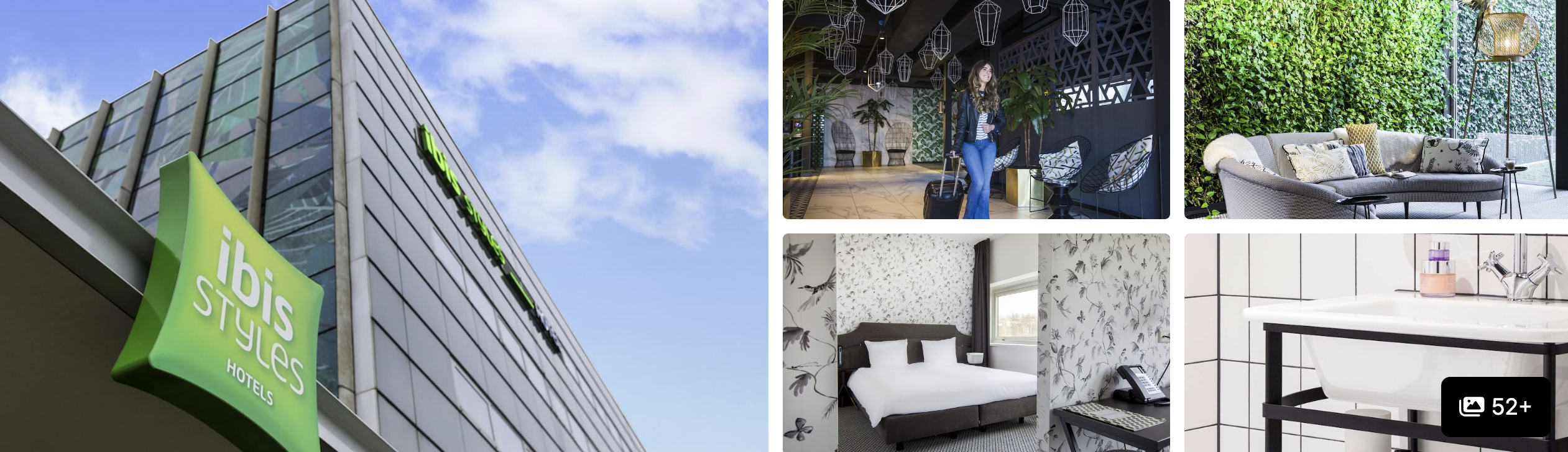 Photos of citizenM Schiphol Airport: glass-fronted exterior, green living-wall lounge, guest room and bar table