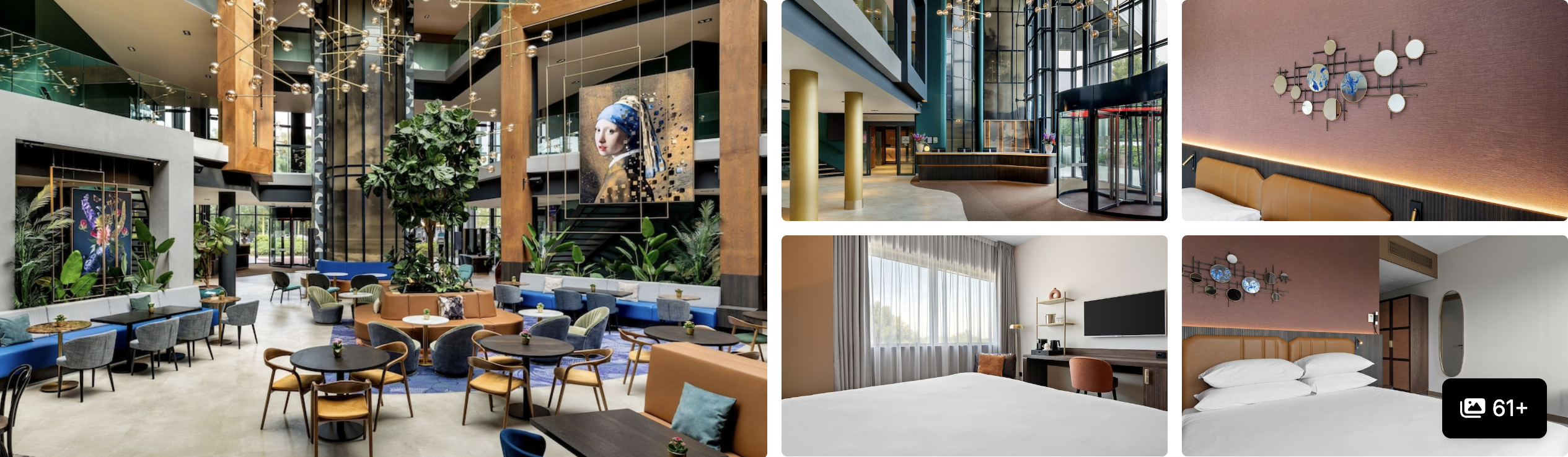 Photos of Hilton Amsterdam Airport Schiphol: bright reception desk, planted lobby, guest rooms with thumbnails