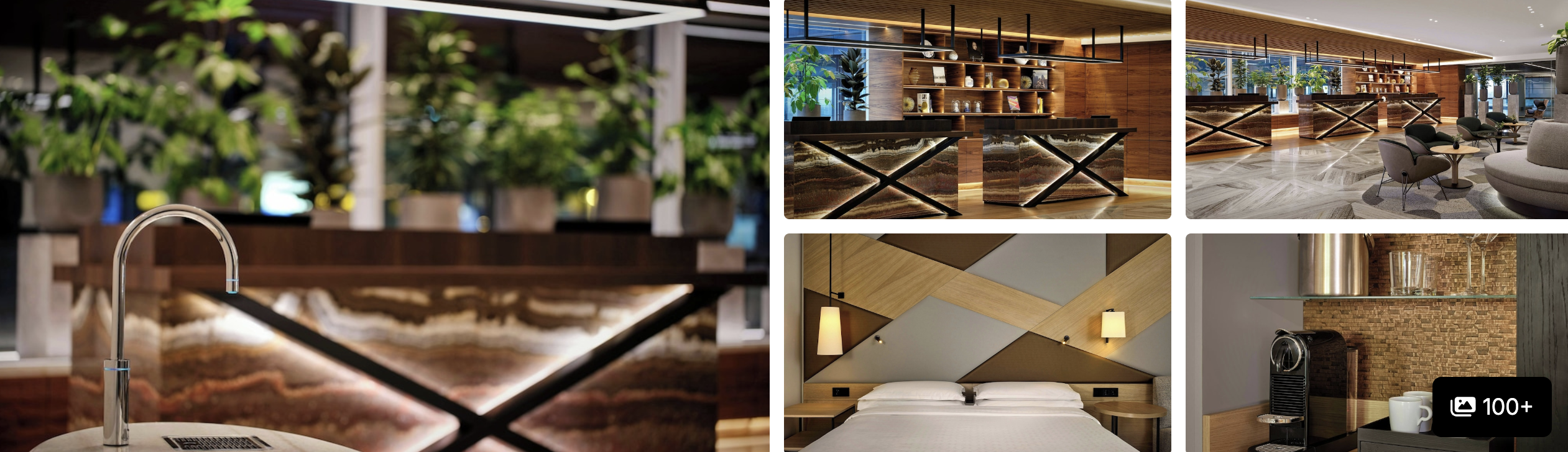 Photos of a Schiphol Airport hotel: marble bathroom basin, wood-panelled lobby bar, lounge seating and guest room