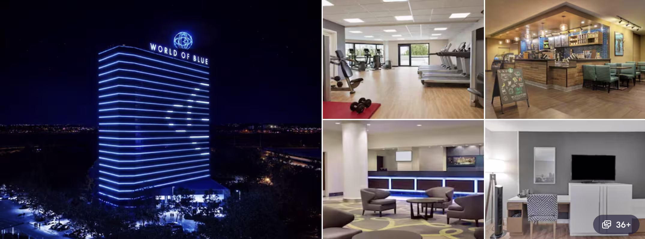 Photos of The Park Hotel at Meadowlands: glass tower exterior, lounge, and guest rooms