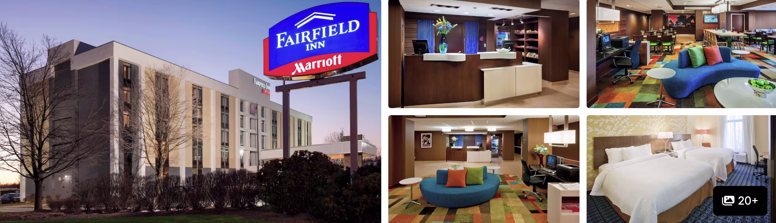 Photos of Hilton Meadowlands: tower lit blue at night, fitness center, bar, and lobby