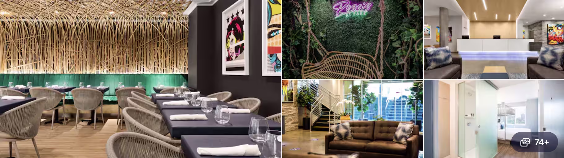 Photos of the Edge Hotel near Yankee Stadium: restaurant with rattan chairs, neon-lit lounge with greenery and reception