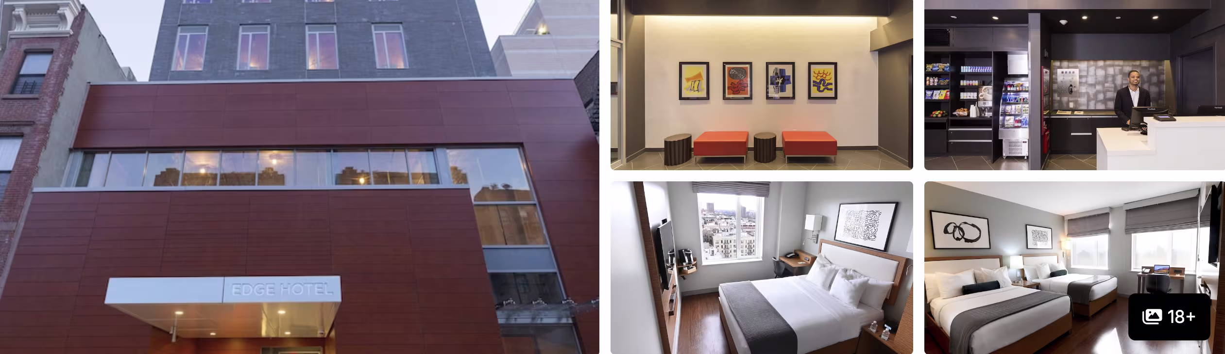 Photos of the Opera House Hotel near Yankee Stadium: brick exterior, art-lined lobby, reception desk and modern guest rooms