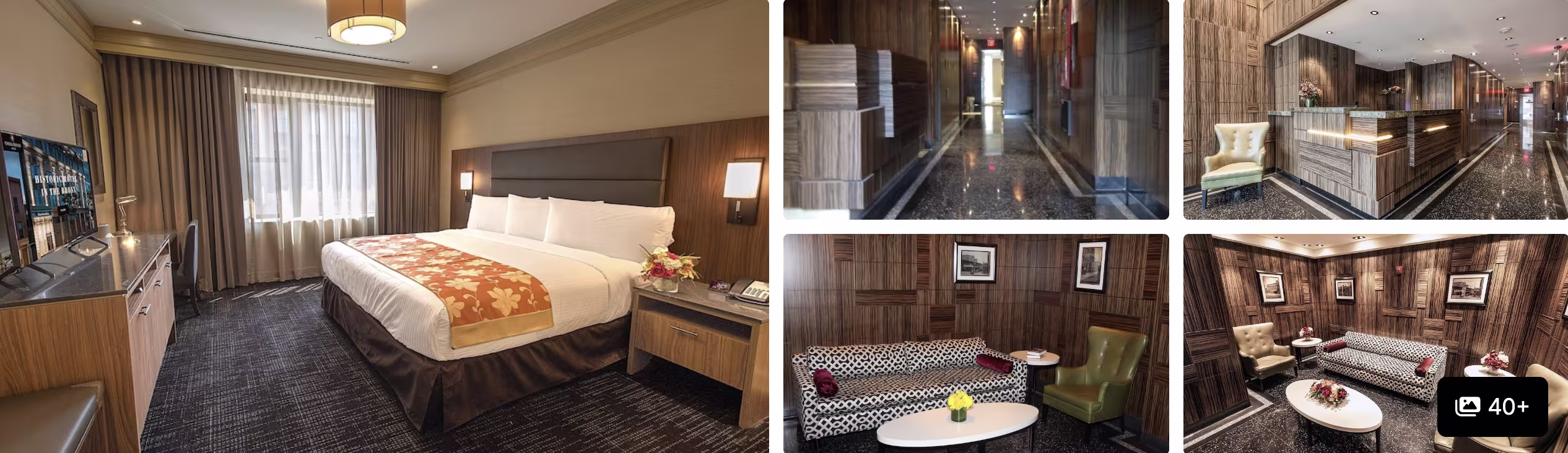 Photos of a hotel near Yankee Stadium: warm-toned guest room with king bed, corridor, and wood-paneled lounge seating areas
