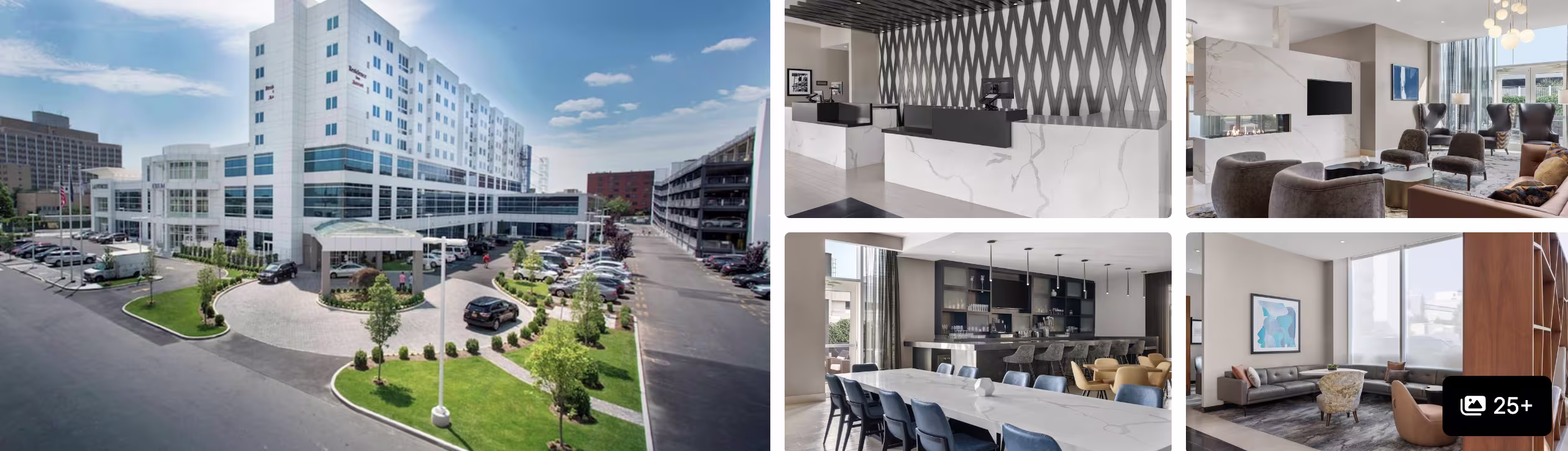 Photos of Wingate by Wyndham Bronx near Yankee Stadium: tall exterior, marble reception, lounge and communal dining table