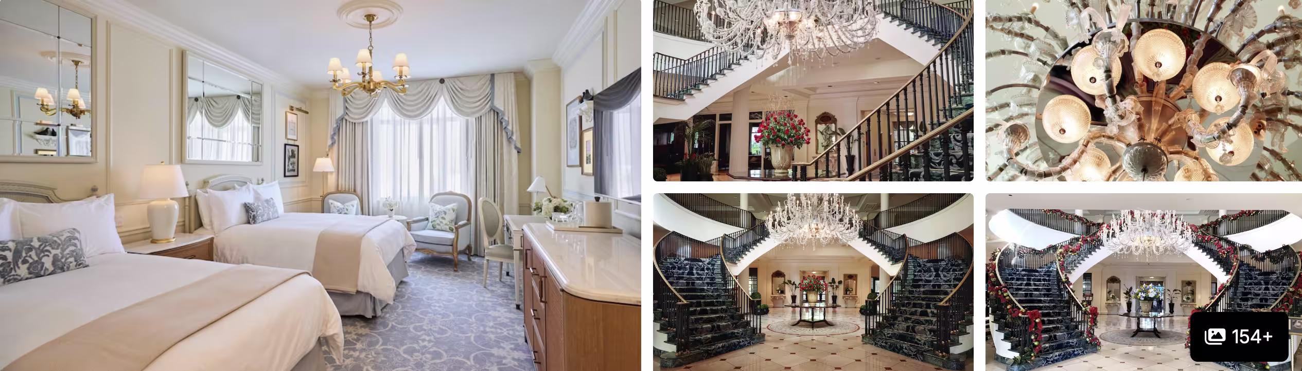 Photos of a Charleston historic-district hotel in spring: rooftop infinity pool, lobby art, guest room and suite