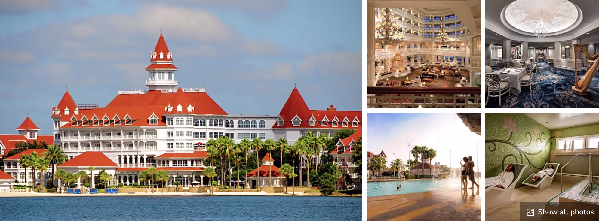 Photos of an Orlando theme-park-area hotel: palm-lined pool at dusk, kitchen, garden grounds and entryway