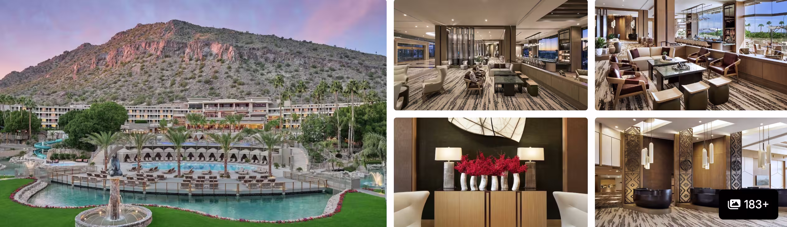 Photos of a Scottsdale desert resort: waterfront tower, lounge, dining room and bar with city views