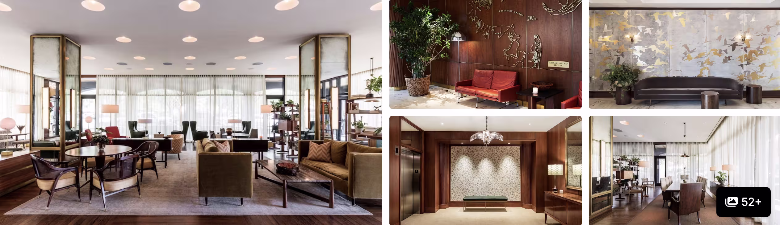 Photos of The Charleston Place: lamplit historic facade at dusk, rooftop pool, lobby and plush guest room