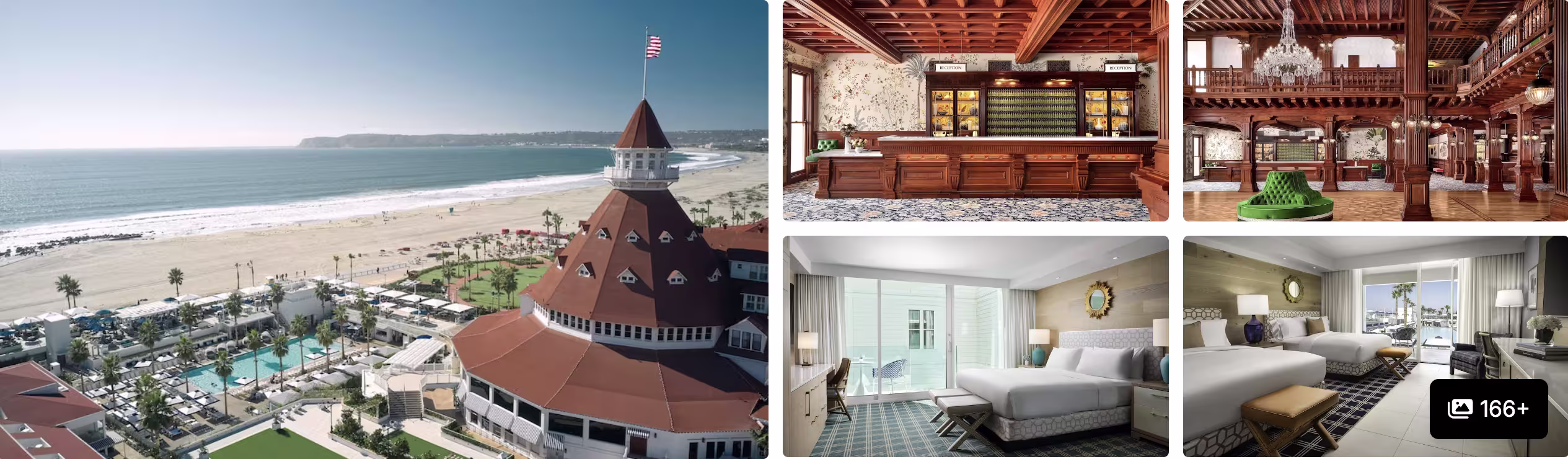 Photos of Hotel del Coronado, San Diego: beachfront red-roofed resort, wood-paneled bar, lobby and ocean-view guest rooms