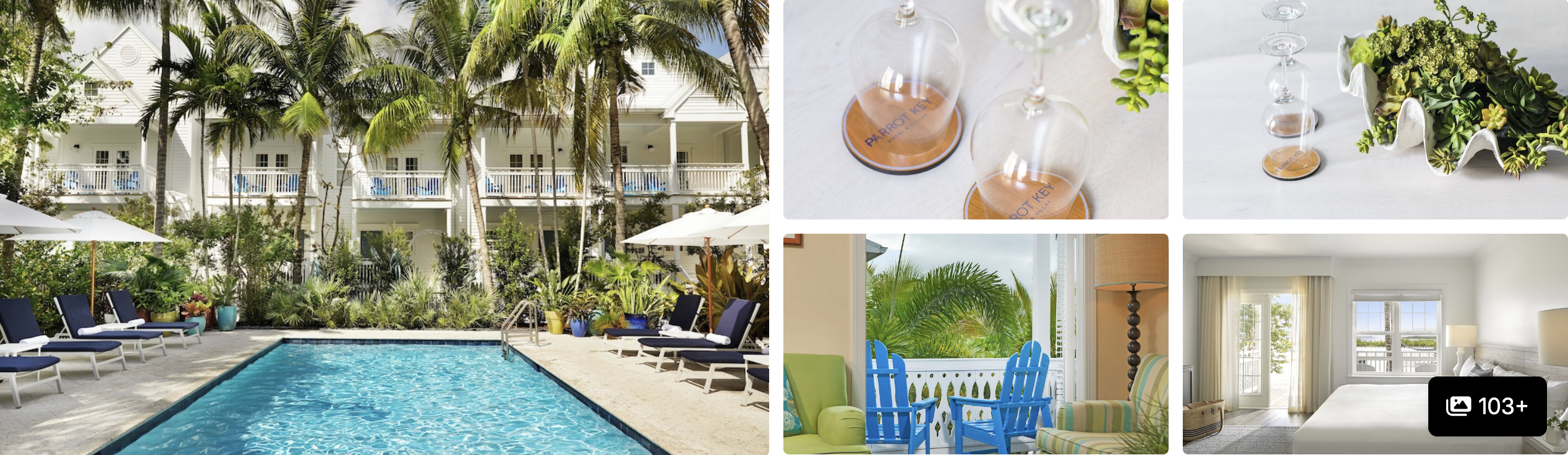 Photos of a sustainable Key West resort: palm-shaded pool, blue Adirondack chairs, wine glasses and a bright guest room