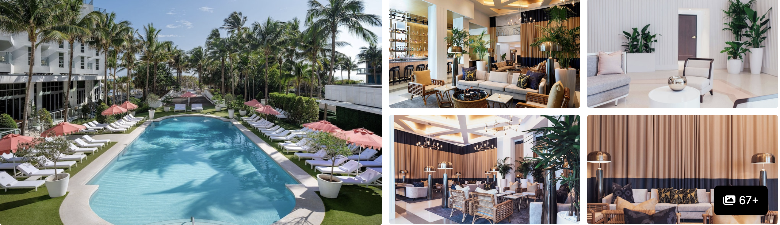 Photos of an eco hotel near South Beach, Miami: palm-lined pool with pink loungers, lounge seating and lobby spaces