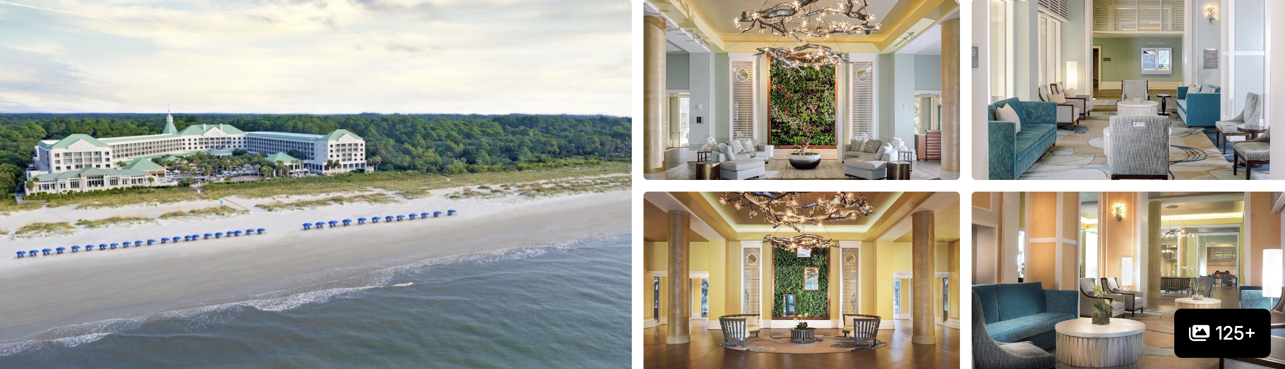 Aerial view of a low-rise Hilton Head Island resort along the beach with the Atlantic Ocean and forest