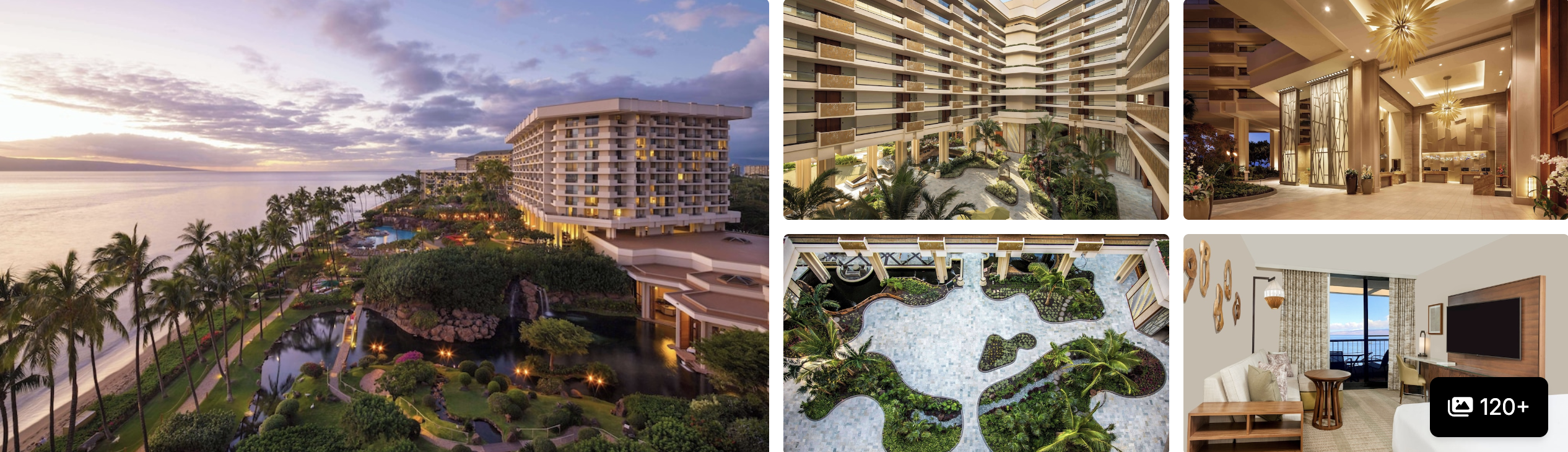 Photos of an eco-certified Ka'anapali beach resort, Maui: oceanfront tower at sunset, garden atrium lobby and ocean-view room