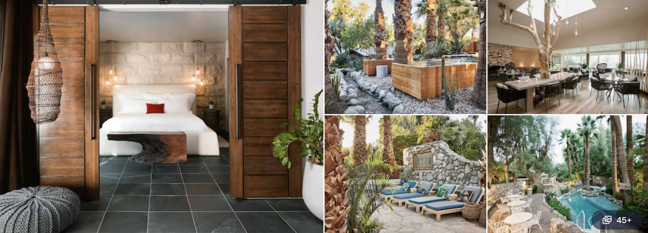 Photos of a desert green hotel near Coachella: stone-walled bedroom with sliding barn doors, garden hot tub and palm-lined pool