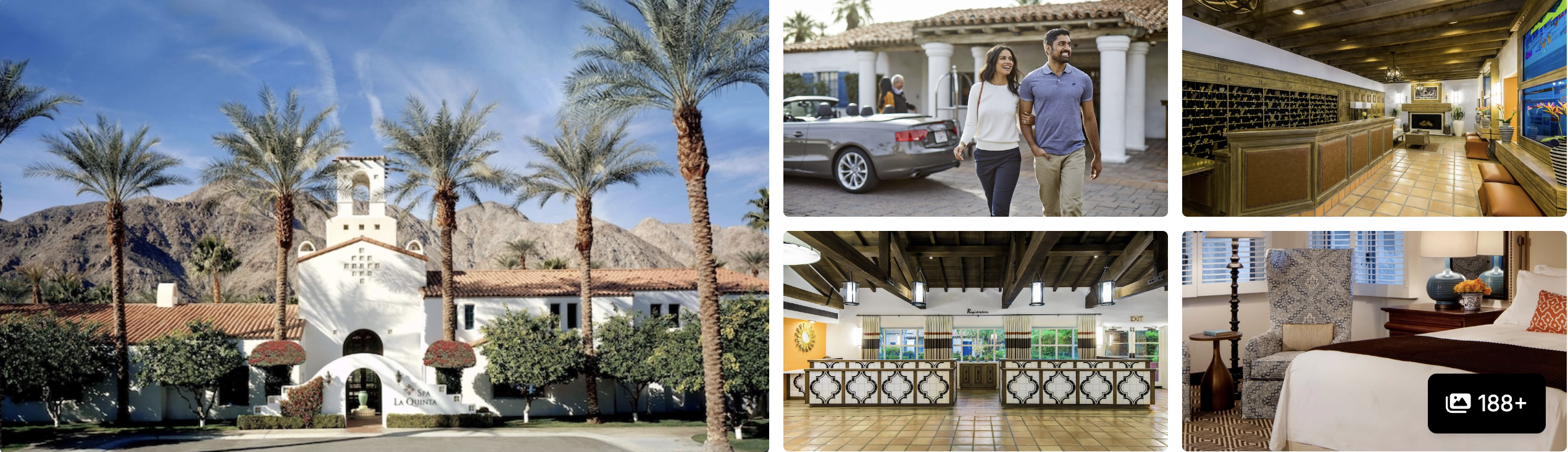 Photos of Two Bunch Palms wellness resort, Desert Hot Springs: Spanish-style exterior, lobby, dining room and guest room
