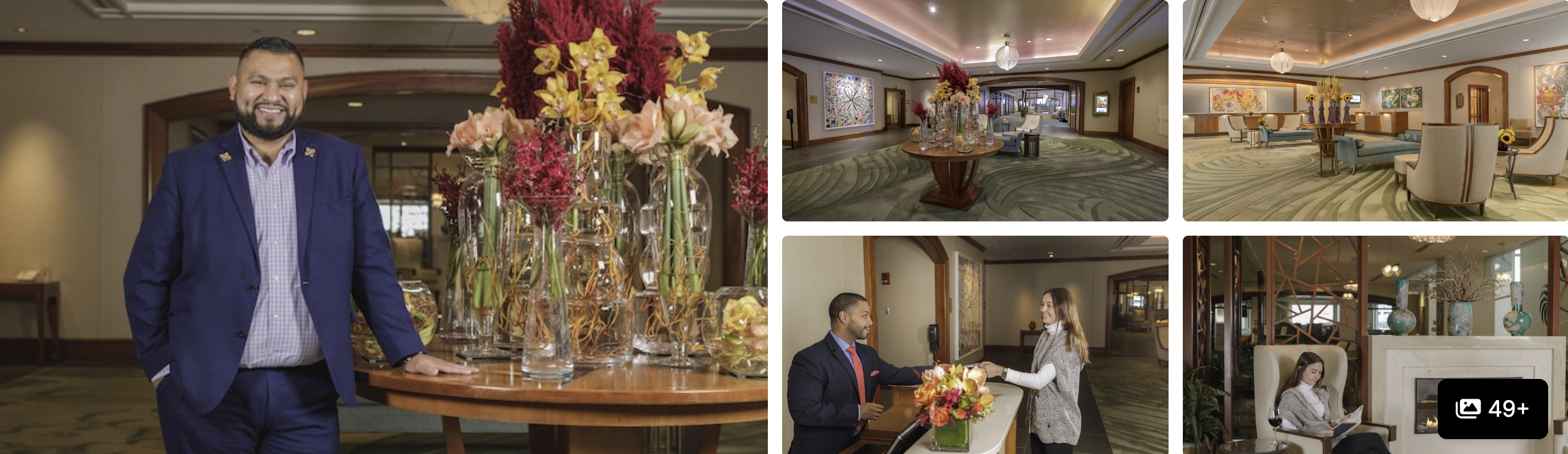 Photos of a Boston Seaport District hotel near South Station: exposed-beam bar, lounges and dining area
