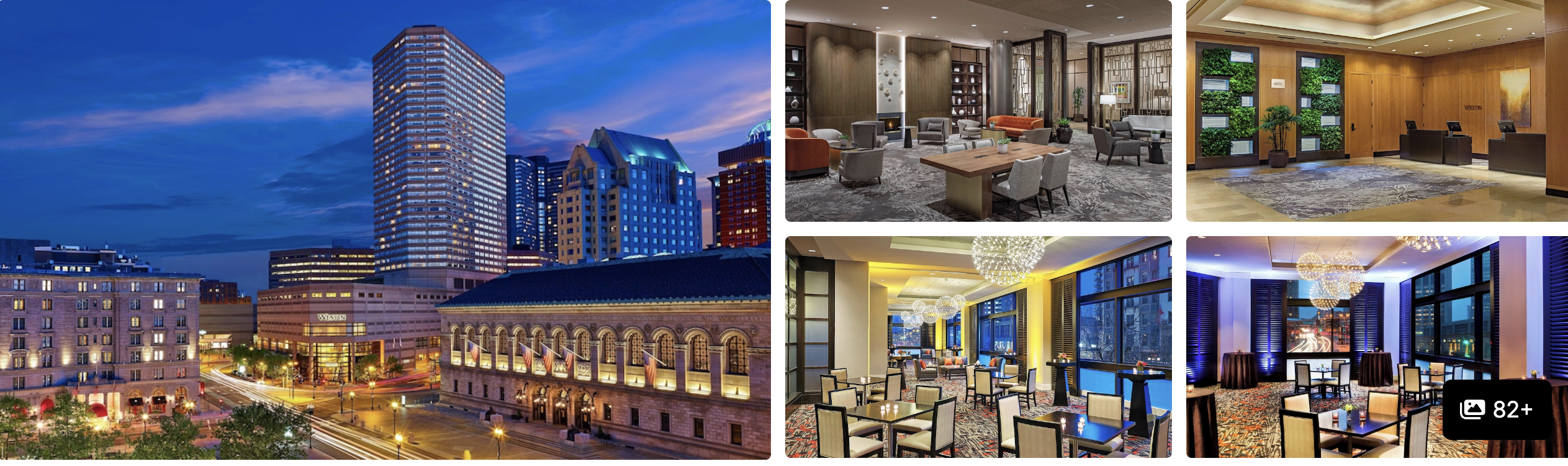 Photos of Staypineapple South End, Boston: high-rise tower, lobby seating, library lounge and front desk
