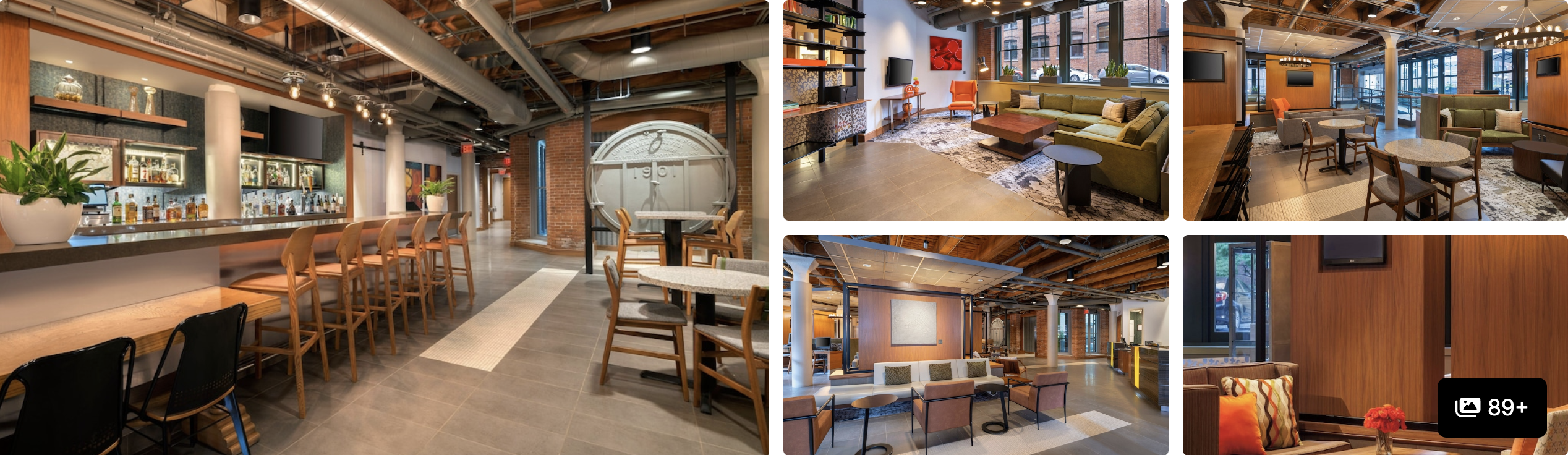 Photos of Seaport Hotel Boston: long lobby bar, lounge seating, reception and warm-toned guest room