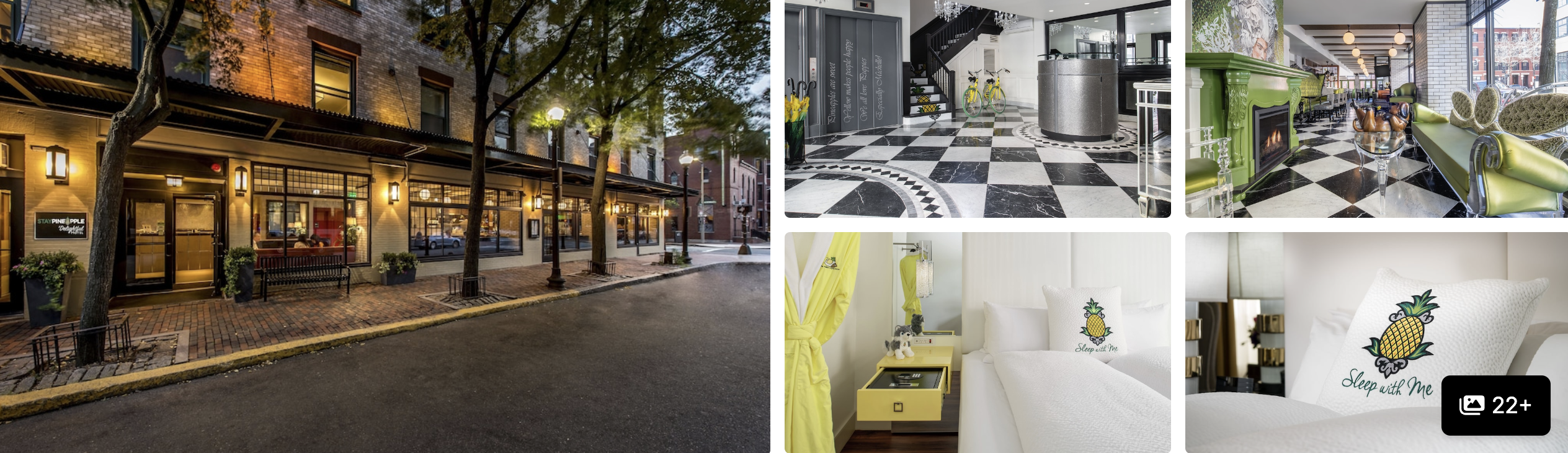 Photos of The Revolution Hotel, Boston South End: city skyline at dusk, lobby lounges and ballroom dining