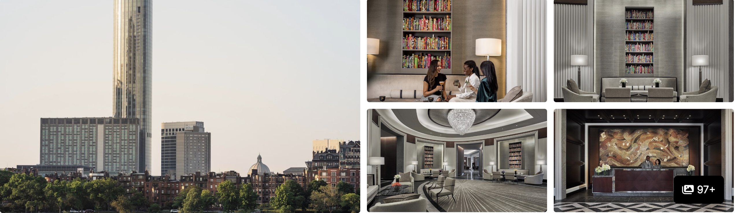 Photos of a Back Bay hotel near MBTA in Boston: overhead lounge layout, lobby cafe, reception and event space