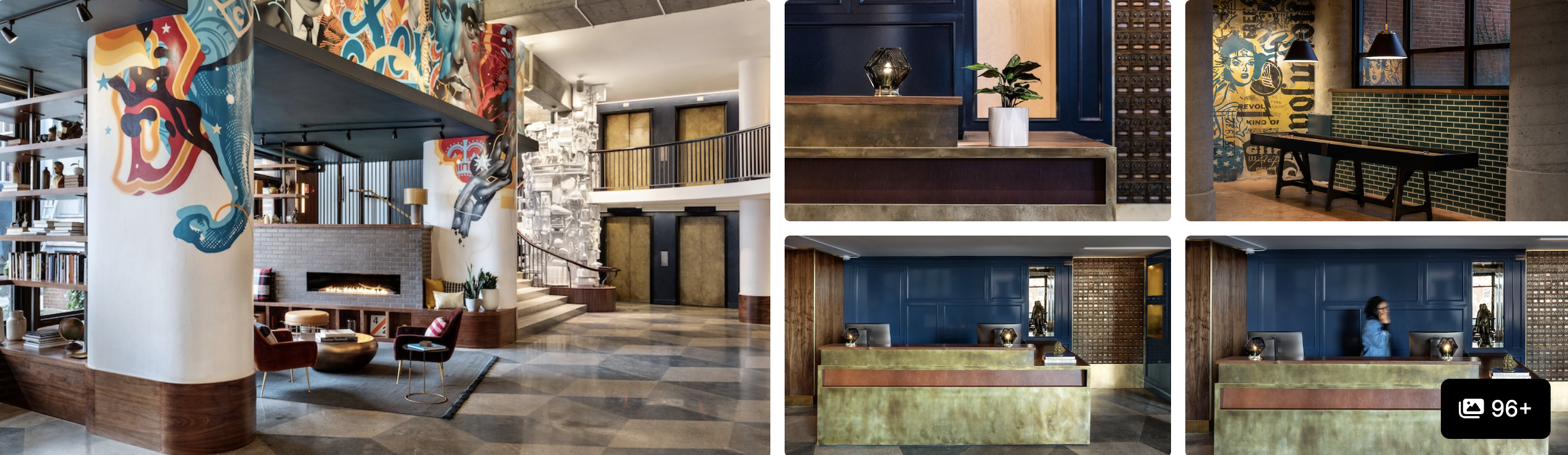 Photos of a Boston South End hotel: brick street exterior, checkerboard-floor lobby and bright guest rooms