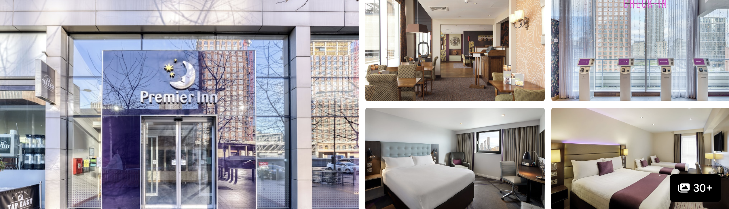 Photos of a Stratford hotel near the Elizabeth line, London: teal guest room, breakfast area, exterior and bathroom
