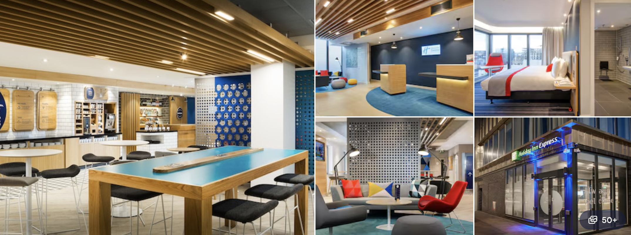 Photos of an Ealing hotel near the Elizabeth line, London: wood-panel lounge, reception, lobby and red-accent guest room