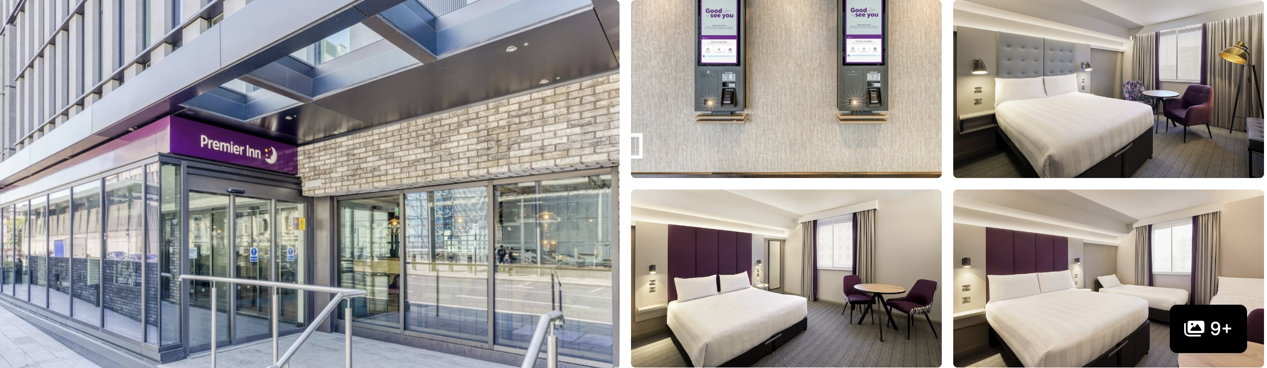 Photos of a central London budget hotel: Premier Inn entrance, city-view suite and guest rooms