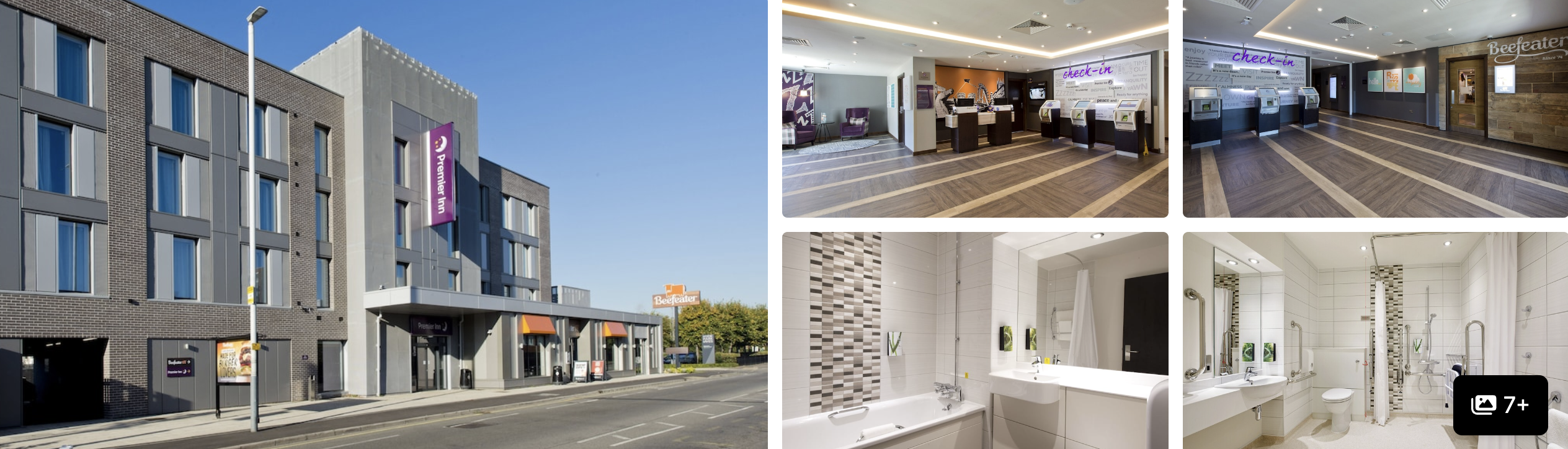 Photos of a Premier Inn near Hayes and Harlington, London: exterior, lobby reception and modern bathrooms