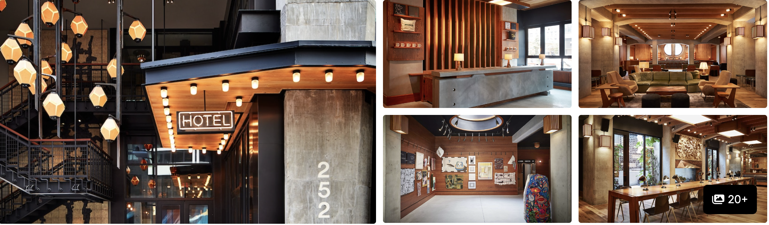 Photos of a boutique Brooklyn hotel near the arena: lantern-lit stairwell with HOTEL sign, wood reception desk and communal lounge