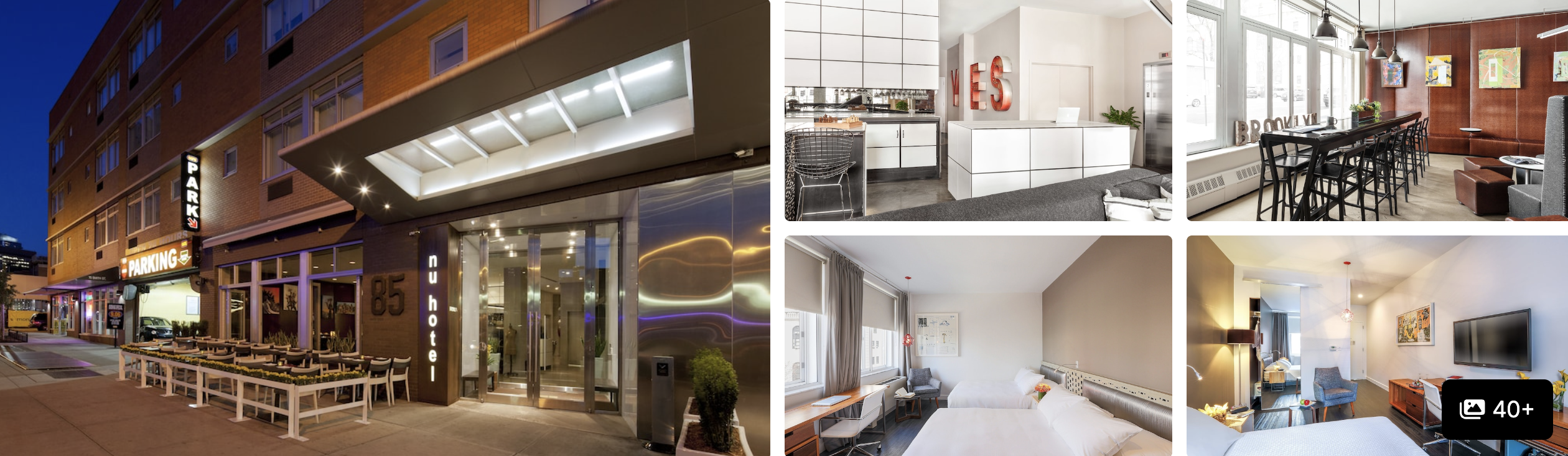Photos of a Brooklyn boutique hotel with transit access: street-level entrance and cafe, white guest rooms and a kitchen-dining area